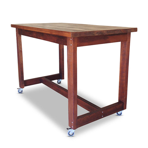 "Once Upon A Queenslander" Industrial Recycled High Bench Table Dark Walnut Finish with Wheels (SUPERSIZED) "Once Upon A Queenslander" Industrial Recycled High Bench Table Dark Walnut Finish with Wheels (SUPERSIZED)