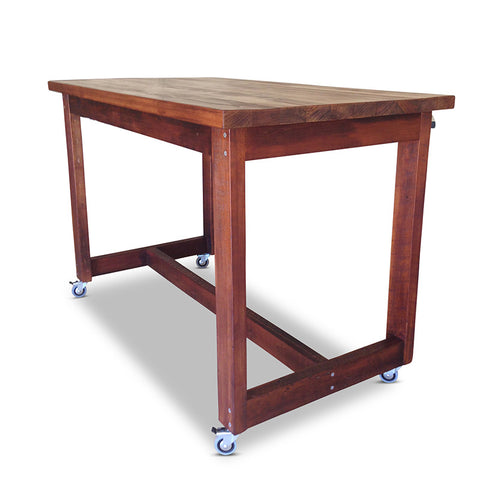 "Once Upon A Queenslander" Industrial Recycled High Bench Table Dark Walnut Finish with Wheels (SUPERSIZED) "Once Upon A Queenslander" Industrial Recycled High Bench Table Dark Walnut Finish with Wheels (SUPERSIZED)