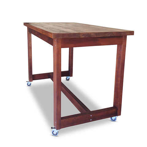 "Once Upon A Queenslander" Industrial Recycled High Bench Table Dark Walnut Finish with Wheels (SUPERSIZED) "Once Upon A Queenslander" Industrial Recycled High Bench Table Dark Walnut Finish with Wheels (SUPERSIZED)