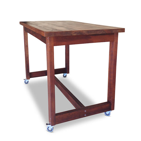 "Once Upon A Queenslander" Industrial Recycled High Bench Table Dark Walnut Finish with Wheels (SUPERSIZED) "Once Upon A Queenslander" Industrial Recycled High Bench Table Dark Walnut Finish with Wheels (SUPERSIZED)