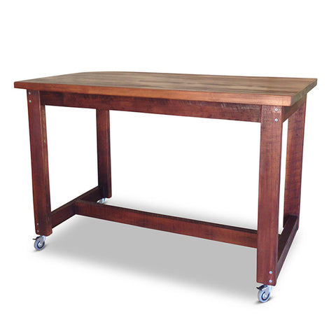 "Once Upon A Queenslander" Industrial Recycled High Bench Table Dark Walnut Finish with Wheels (SUPERSIZED) "Once Upon A Queenslander" Industrial Recycled High Bench Table Dark Walnut Finish with Wheels (SUPERSIZED)