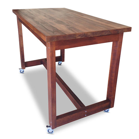 "Once Upon A Queenslander" Industrial Recycled High Bench Table Dark Walnut Finish with Wheels (SUPERSIZED) "Once Upon A Queenslander" Industrial Recycled High Bench Table Dark Walnut Finish with Wheels (SUPERSIZED)