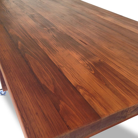 "Once Upon A Queenslander" Industrial Recycled High Bench Table Dark Walnut Finish with Wheels (SUPERSIZED) "Once Upon A Queenslander" Industrial Recycled High Bench Table Dark Walnut Finish with Wheels (SUPERSIZED)