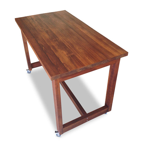 "Once Upon A Queenslander" Industrial Recycled High Bench Table Dark Walnut Finish with Wheels (SUPERSIZED) "Once Upon A Queenslander" Industrial Recycled High Bench Table Dark Walnut Finish with Wheels (SUPERSIZED)