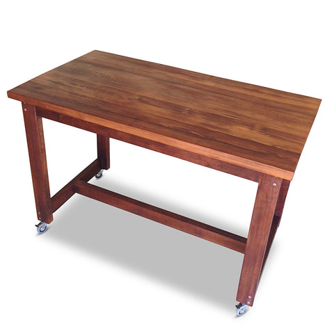 "Once Upon A Queenslander" Industrial Recycled High Bench Table Dark Walnut Finish with Wheels (SUPERSIZED) "Once Upon A Queenslander" Industrial Recycled High Bench Table Dark Walnut Finish with Wheels (SUPERSIZED)