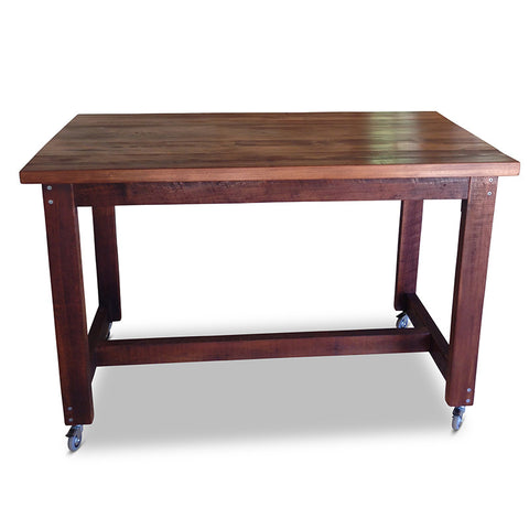 "Once Upon A Queenslander" Industrial Recycled High Bench Table Dark Walnut Finish with Wheels (SUPERSIZED) "Once Upon A Queenslander" Industrial Recycled High Bench Table Dark Walnut Finish with Wheels (SUPERSIZED)