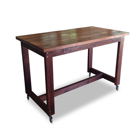 "Once Upon A Queenslander" Industrial Recycled High Bench Table Dark Walnut Finish with Wheels (SUPERSIZED) "Once Upon A Queenslander" Industrial Recycled High Bench Table Dark Walnut Finish with Wheels (SUPERSIZED)