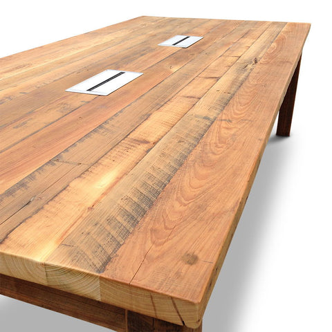 Modern Rustic Recycled Boardroom Table in Natural with Built-In Desk Modules Modern Rustic Recycled Boardroom Table in Natural with Built-In Desk Modules