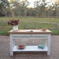 Industrial Recycled Retro High Bench Table in White & Timber with Drawers & Shelves