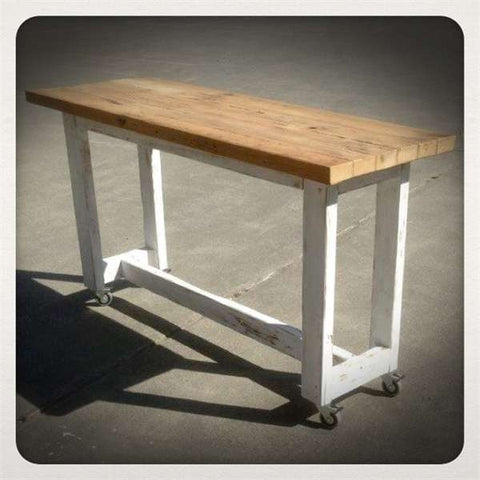"Once Upon A Queenslander" Eco Recycled High Bench Table in White & Timber with Wheels "Once Upon A Queenslander" Eco Recycled High Bench Table in White & Timber with Wheels