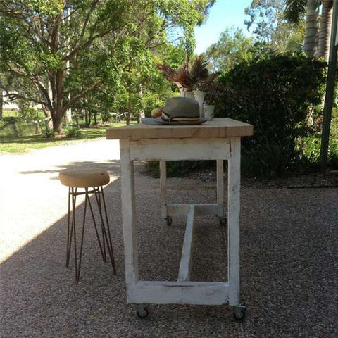 "Once Upon A Queenslander" Eco Recycled High Bench Table in White & Natural with Wheels (SUPERSIZED) "Once Upon A Queenslander" Eco Recycled High Bench Table in White & Natural with Wheels (SUPERSIZED)