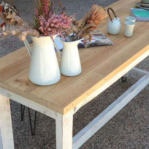 "Once Upon A Queenslander" Eco Recycled High Bench Table in White & Natural with Wheels (SUPERSIZED) "Once Upon A Queenslander" Eco Recycled High Bench Table in White & Natural with Wheels (SUPERSIZED)