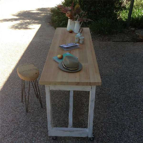 "Once Upon A Queenslander" Eco Recycled High Bench Table in White & Natural with Wheels (SUPERSIZED) "Once Upon A Queenslander" Eco Recycled High Bench Table in White & Natural with Wheels (SUPERSIZED)