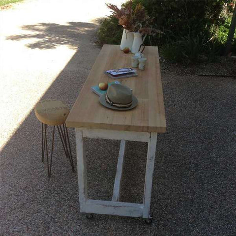 "Once Upon A Queenslander" Eco Recycled High Bench Table in White & Natural with Wheels (SUPERSIZED) "Once Upon A Queenslander" Eco Recycled High Bench Table in White & Natural with Wheels (SUPERSIZED)