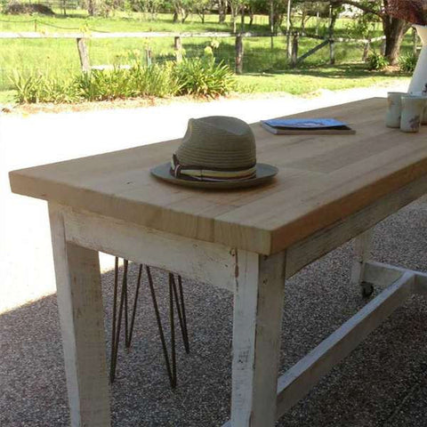 "Once Upon A Queenslander" Eco Recycled High Bench Table in White & Natural with Wheels (SUPERSIZED) "Once Upon A Queenslander" Eco Recycled High Bench Table in White & Natural with Wheels (SUPERSIZED)