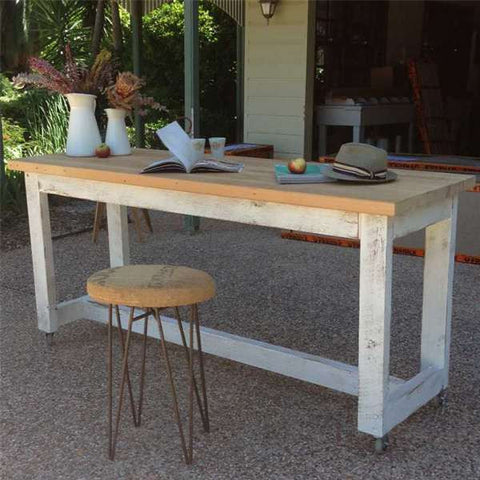 "Once Upon A Queenslander" Eco Recycled High Bench Table in White & Natural with Wheels (SUPERSIZED) "Once Upon A Queenslander" Eco Recycled High Bench Table in White & Natural with Wheels (SUPERSIZED)