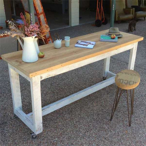 "Once Upon A Queenslander" Eco Recycled High Bench Table in White & Natural with Wheels (SUPERSIZED) "Once Upon A Queenslander" Eco Recycled High Bench Table in White & Natural with Wheels (SUPERSIZED)