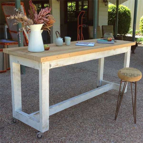 "Once Upon A Queenslander" Eco Recycled High Bench Table in White & Natural with Wheels (SUPERSIZED) "Once Upon A Queenslander" Eco Recycled High Bench Table in White & Natural with Wheels (SUPERSIZED)