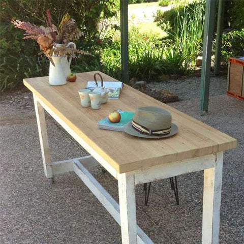 "Once Upon A Queenslander" Eco Recycled High Bench Table in White & Natural with Wheels (SUPERSIZED) "Once Upon A Queenslander" Eco Recycled High Bench Table in White & Natural with Wheels (SUPERSIZED)