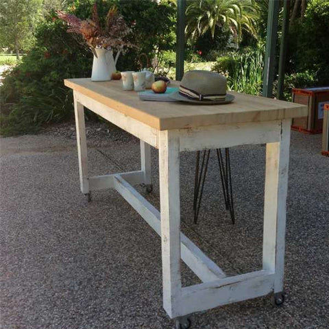 "Once Upon A Queenslander" Eco Recycled High Bench Table in White & Natural with Wheels (SUPERSIZED) "Once Upon A Queenslander" Eco Recycled High Bench Table in White & Natural with Wheels (SUPERSIZED)