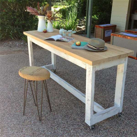"Once Upon A Queenslander" Eco Recycled High Bench Table in White & Natural with Wheels (SUPERSIZED) "Once Upon A Queenslander" Eco Recycled High Bench Table in White & Natural with Wheels (SUPERSIZED)