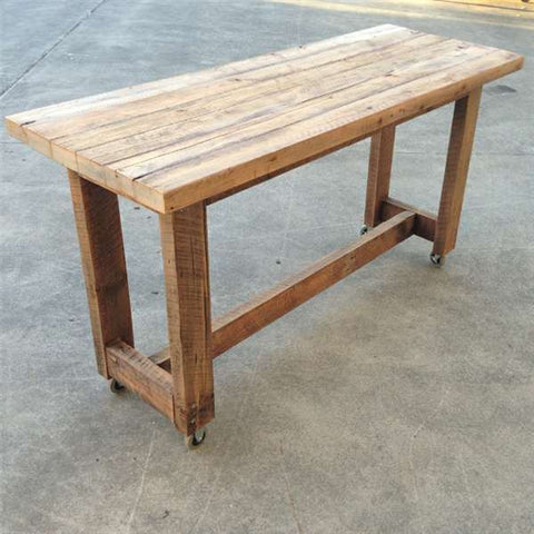 "Once Upon A Queenslander" Eco Recycled High Bench Table in White & Timber with Wheels "Once Upon A Queenslander" Eco Recycled High Bench Table in White & Timber with Wheels