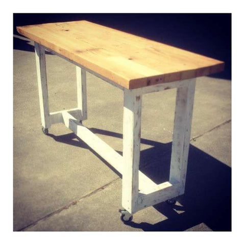 "Once Upon A Queenslander" Eco Recycled High Bench Table in White & Timber with Wheels "Once Upon A Queenslander" Eco Recycled High Bench Table in White & Timber with Wheels