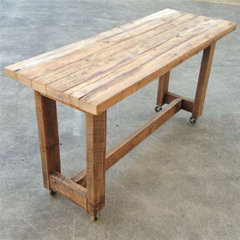 "Once Upon A Queenslander" Eco Recycled High Bench Table in Natural with Wheels (SUPERSIZED) "Once Upon A Queenslander" Eco Recycled High Bench Table in Natural with Wheels (SUPERSIZED)