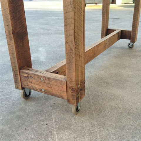 "Once Upon A Queenslander" Eco Recycled High Bench Table in White & Timber with Wheels "Once Upon A Queenslander" Eco Recycled High Bench Table in White & Timber with Wheels