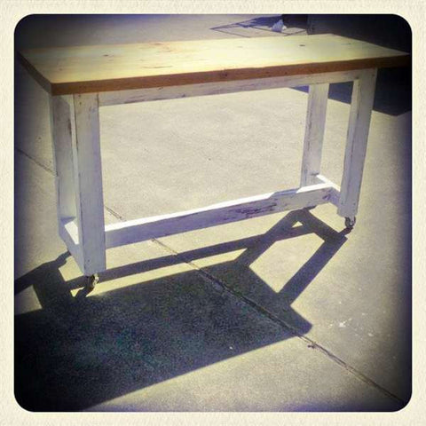 "Once Upon A Queenslander" Eco Recycled High Bench Table in White & Timber with Wheels "Once Upon A Queenslander" Eco Recycled High Bench Table in White & Timber with Wheels