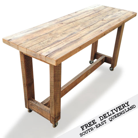 Retro Recycled Country Farmhouse High Bench Table in Natural with Wheels Retro Recycled Country Farmhouse High Bench Table in Natural with Wheels