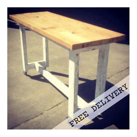 "Once Upon A Queenslander" Eco Recycled High Bench Table in White & Timber with Wheels "Once Upon A Queenslander" Eco Recycled High Bench Table in White & Timber with Wheels