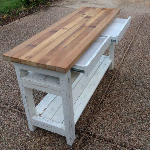 Industrial Recycled Retro High Bench Table in White & Timber with Drawers & Shelves Industrial Recycled Retro High Bench Table in White & Timber with Drawers & Shelves