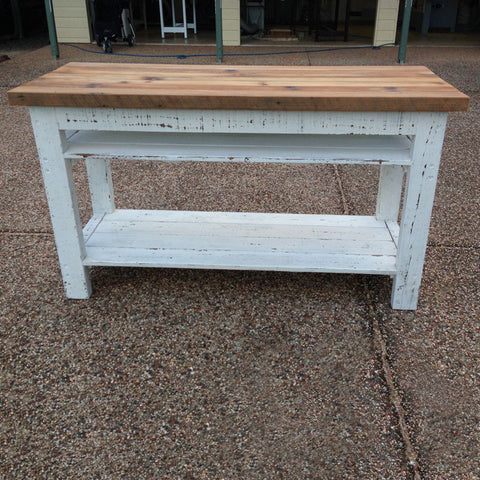 Industrial Recycled Retro High Bench Table in White & Timber with Drawers & Shelves