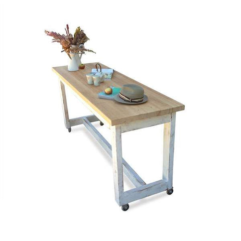 "Once Upon A Queenslander" Eco Recycled High Bench Table in White & Timber with Wheels "Once Upon A Queenslander" Eco Recycled High Bench Table in White & Timber with Wheels