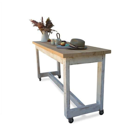 "Once Upon A Queenslander" Eco Recycled High Bench Table in White & Timber with Wheels "Once Upon A Queenslander" Eco Recycled High Bench Table in White & Timber with Wheels