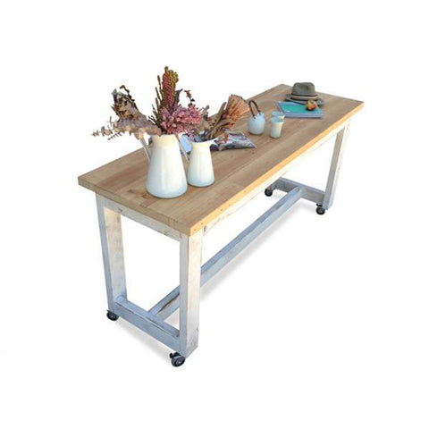 "Once Upon A Queenslander" Eco Recycled High Bench Table in White & Timber with Wheels "Once Upon A Queenslander" Eco Recycled High Bench Table in White & Timber with Wheels