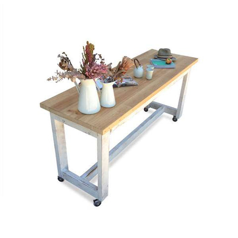 "Once Upon A Queenslander" Eco Recycled High Bench Table in White & Timber with Wheels "Once Upon A Queenslander" Eco Recycled High Bench Table in White & Timber with Wheels
