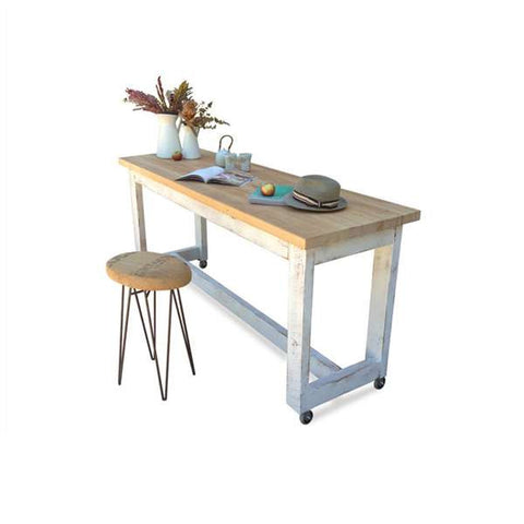 "Once Upon A Queenslander" Eco Recycled High Bench Table in White & Timber with Wheels "Once Upon A Queenslander" Eco Recycled High Bench Table in White & Timber with Wheels