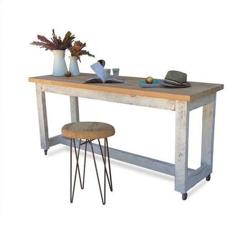 "Once Upon A Queenslander" Eco Recycled High Bench Table in White & Natural with Wheels (SUPERSIZED) "Once Upon A Queenslander" Eco Recycled High Bench Table in White & Natural with Wheels (SUPERSIZED)