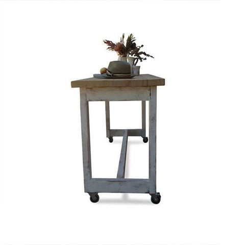 "Once Upon A Queenslander" Eco Recycled High Bench Table in White & Timber with Wheels "Once Upon A Queenslander" Eco Recycled High Bench Table in White & Timber with Wheels