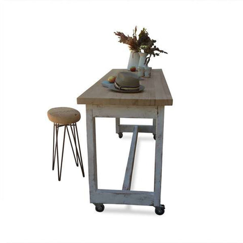 "Once Upon A Queenslander" Eco Recycled High Bench Table in White & Natural with Wheels (SUPERSIZED) "Once Upon A Queenslander" Eco Recycled High Bench Table in White & Natural with Wheels (SUPERSIZED)