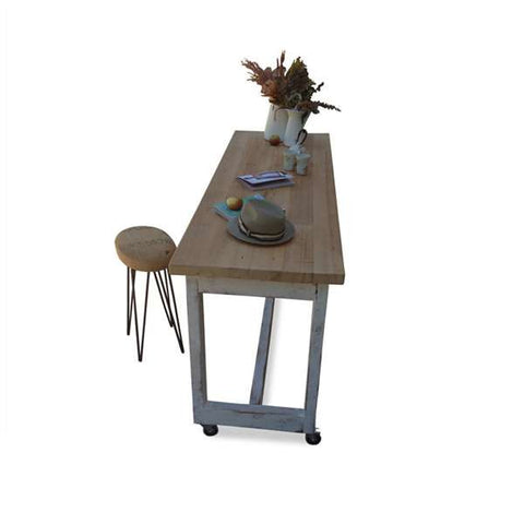 "Once Upon A Queenslander" Eco Recycled High Bench Table in White & Natural with Wheels (SUPERSIZED) "Once Upon A Queenslander" Eco Recycled High Bench Table in White & Natural with Wheels (SUPERSIZED)