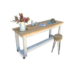 "Once Upon A Queenslander" Eco Recycled High Bench Table in White & Natural with Wheels (SUPERSIZED)