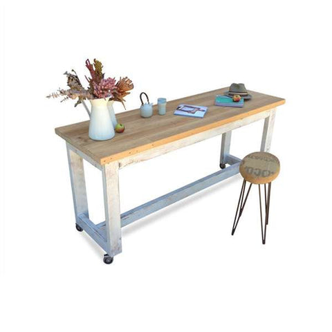 "Once Upon A Queenslander" Eco Recycled High Bench Table in White & Natural with Wheels (SUPERSIZED) "Once Upon A Queenslander" Eco Recycled High Bench Table in White & Natural with Wheels (SUPERSIZED)