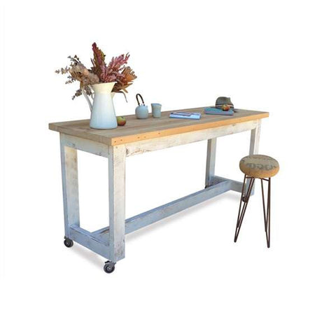 "Once Upon A Queenslander" Eco Recycled High Bench Table in White & Natural with Wheels (SUPERSIZED) "Once Upon A Queenslander" Eco Recycled High Bench Table in White & Natural with Wheels (SUPERSIZED)