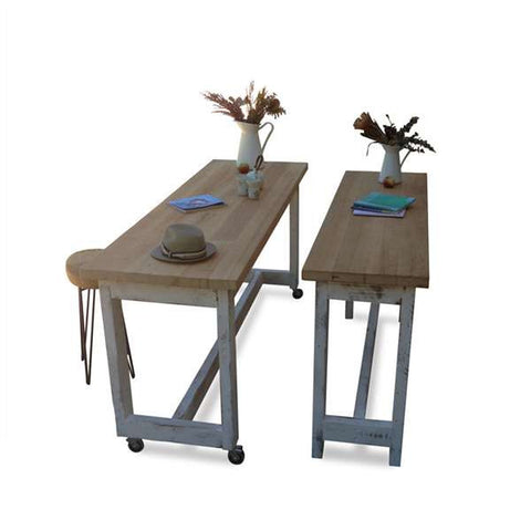 "Once Upon A Queenslander" Eco Recycled High Bench Table in White & Natural with Wheels (SUPERSIZED) "Once Upon A Queenslander" Eco Recycled High Bench Table in White & Natural with Wheels (SUPERSIZED)