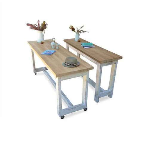 "Once Upon A Queenslander" Eco Recycled High Bench Table in White & Natural with Wheels (SUPERSIZED) "Once Upon A Queenslander" Eco Recycled High Bench Table in White & Natural with Wheels (SUPERSIZED)