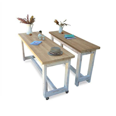 "Once Upon A Queenslander" Eco Recycled High Bench Table in White & Natural with Wheels (SUPERSIZED) "Once Upon A Queenslander" Eco Recycled High Bench Table in White & Natural with Wheels (SUPERSIZED)