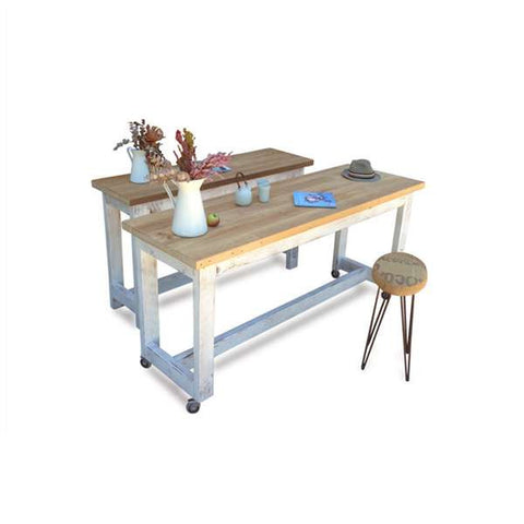 "Once Upon A Queenslander" Eco Recycled High Bench Table in White & Natural with Wheels (SUPERSIZED) "Once Upon A Queenslander" Eco Recycled High Bench Table in White & Natural with Wheels (SUPERSIZED)